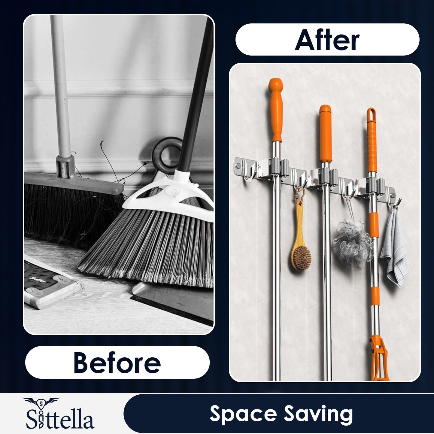 Stainless Steel 3 Racks with 4 Hooks Wall Mounted Broom and Mop Stick Holder, Hanging Tools for Home Kitchen Garden Laundry Garage (Silver)