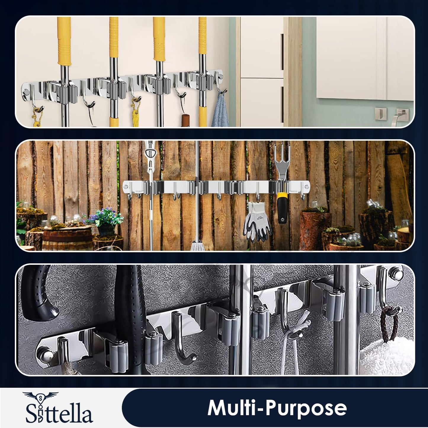 tainless Steel 4 Racks with 5 Hooks Wall Mounted Broom and Mop Stick Holder, Hanging Tools for Home Kitchen Garden Laundry Garage (Silver)