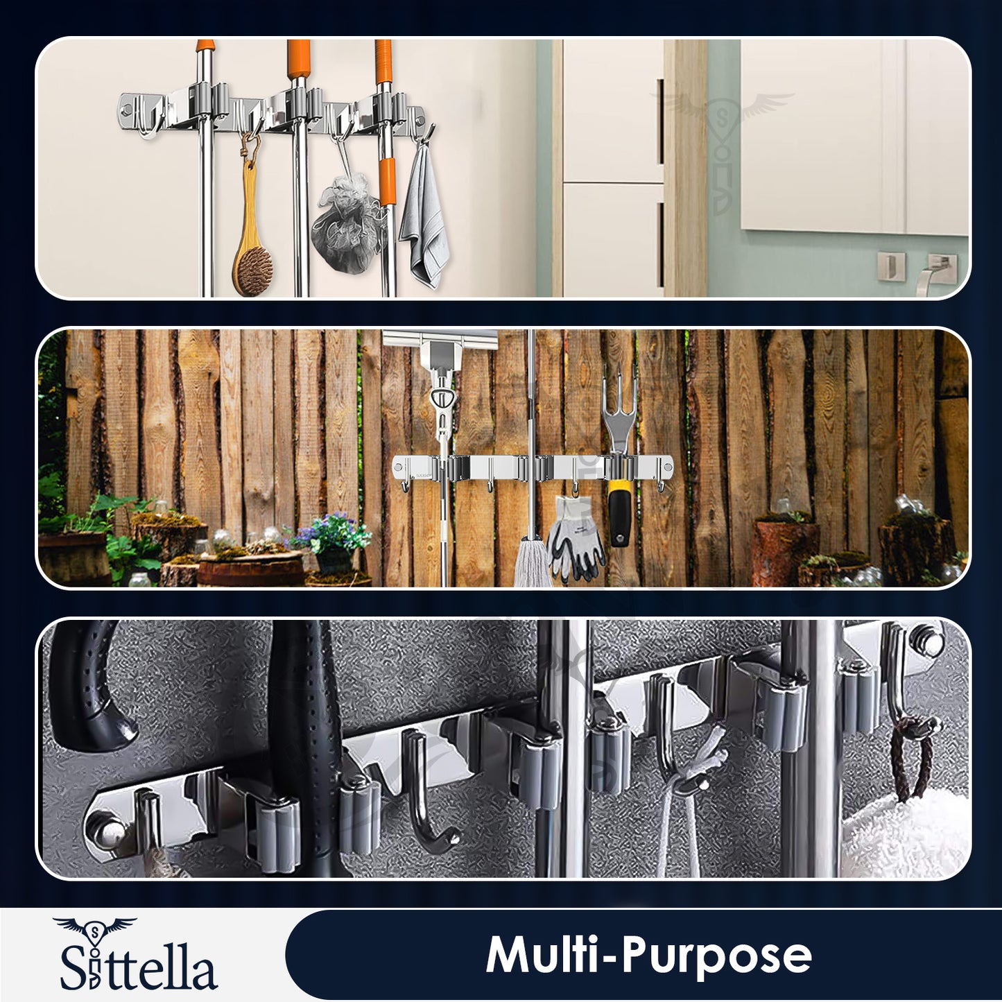 Stainless Steel 3 Racks with 4 Hooks Wall Mounted Broom and Mop Stick Holder, Hanging Tools for Home Kitchen Garden Laundry Garage (Silver)