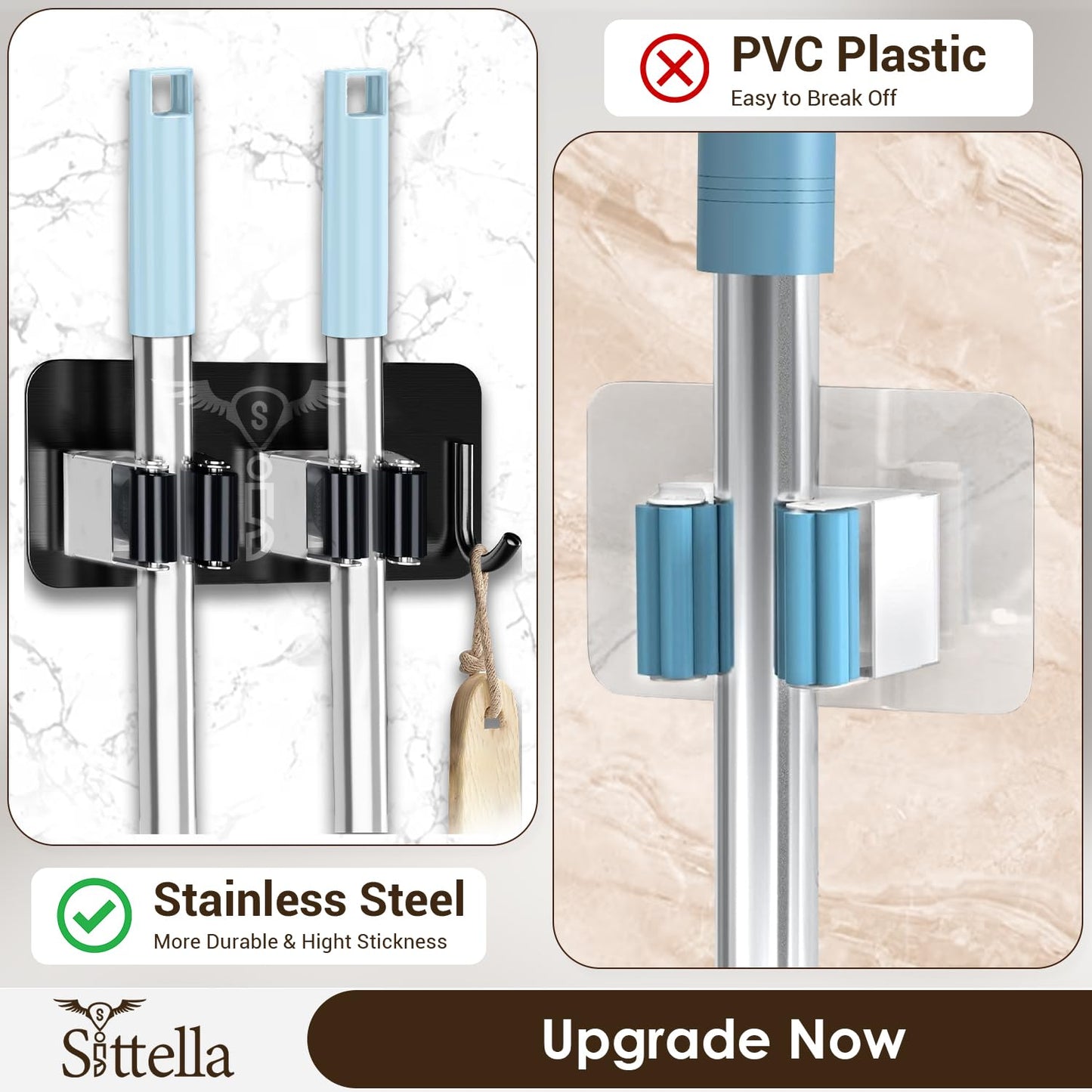 Self Adhesive Stainless Steel 2 Racks with 1 Hook Heavy Duty Wall Mounted Broom and Mop Stick Holder, for Home Kitchen Garden Laundry Garage (Black)