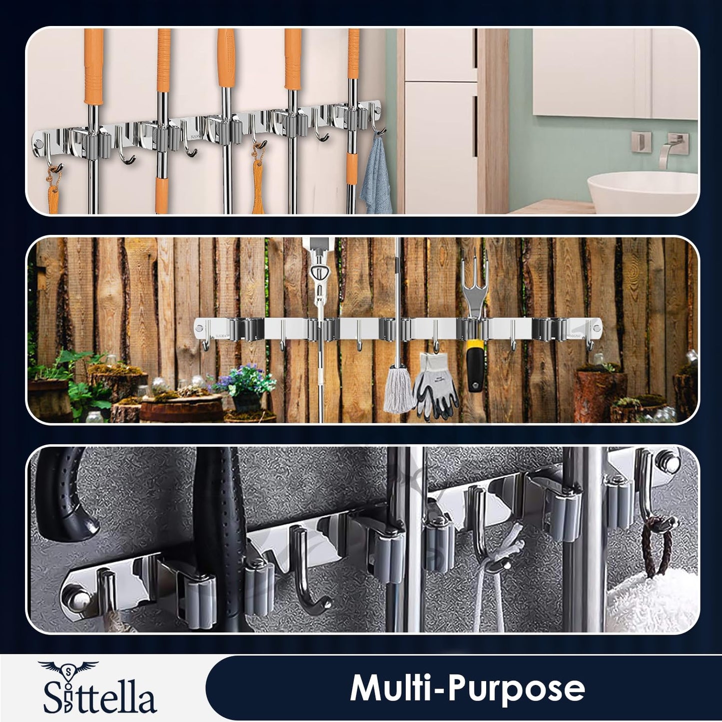 Stainless Steel 5 Racks with 6 Hooks Wall Mounted Broom and Mop Stick Holder, Hanging Tools for Home Kitchen Garden Laundry Garage (Silver)