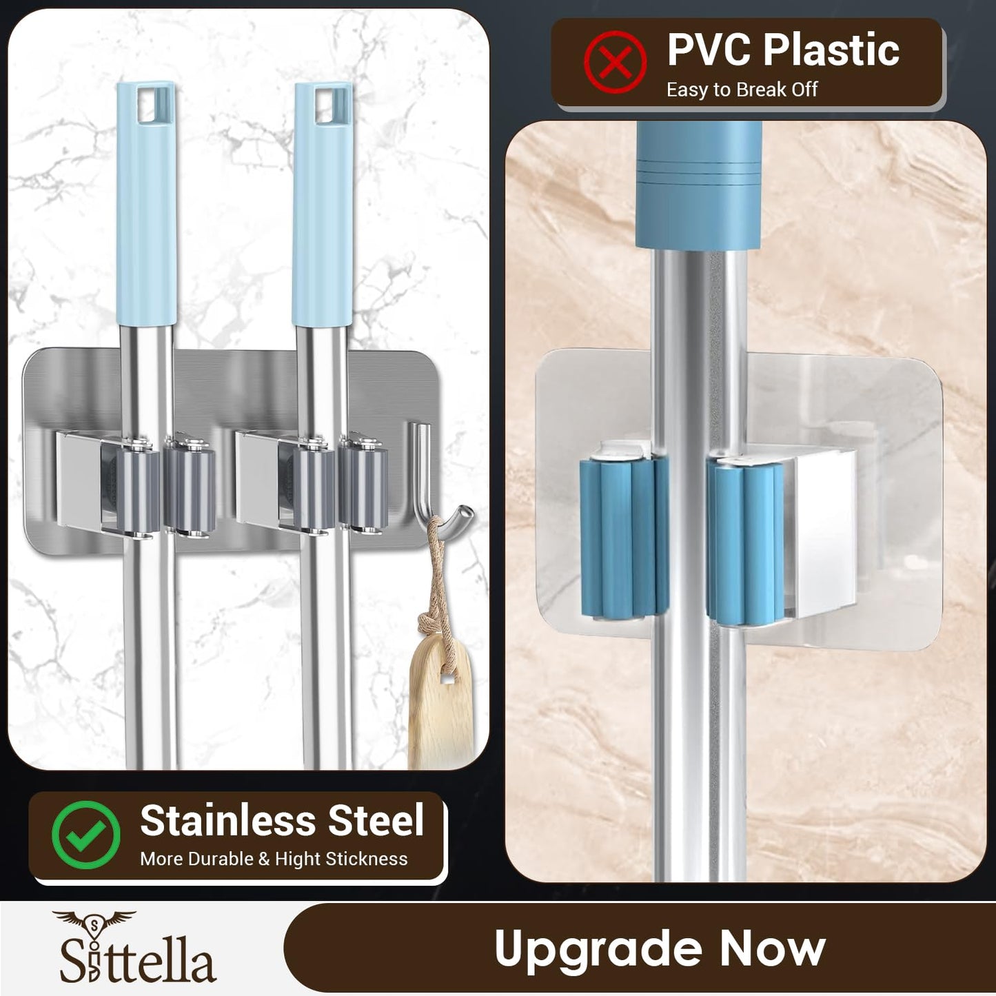 Self Adhesive Stainless Steel 2 Racks with 1 Hook Heavy Duty Wall Mounted Broom and Mop Stick Holder, for Home Kitchen Garden Laundry Garage (Silver)