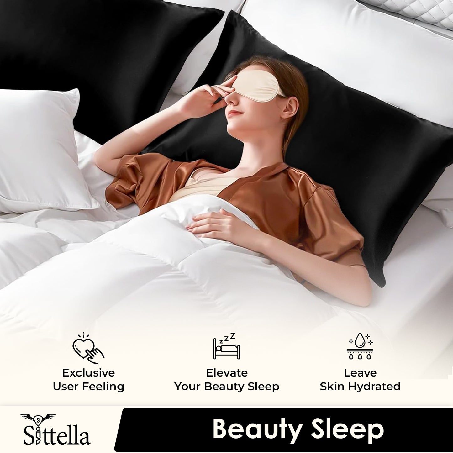 Satin Silk Pillow Covers with 3 Free Scrunchies - Soft & Smooth for Hair & Skin (Black)