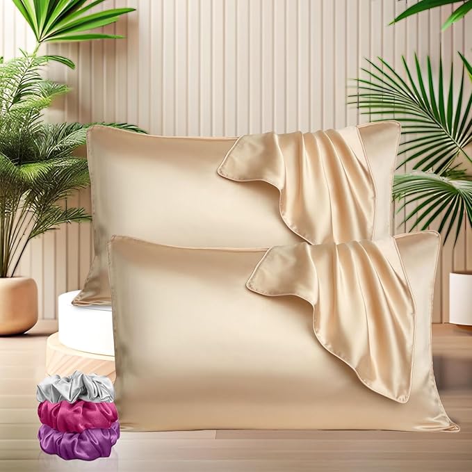 Satin Silk Pillow Covers with 3 Free Scrunchies - Soft & Smooth for Hair & Skin (Black)