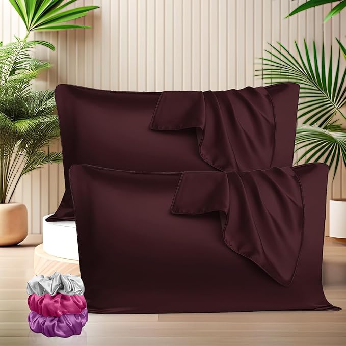 Satin Silk Pillow Covers with 3 Free Scrunchies - Soft & Smooth for Hair & Skin (Black)