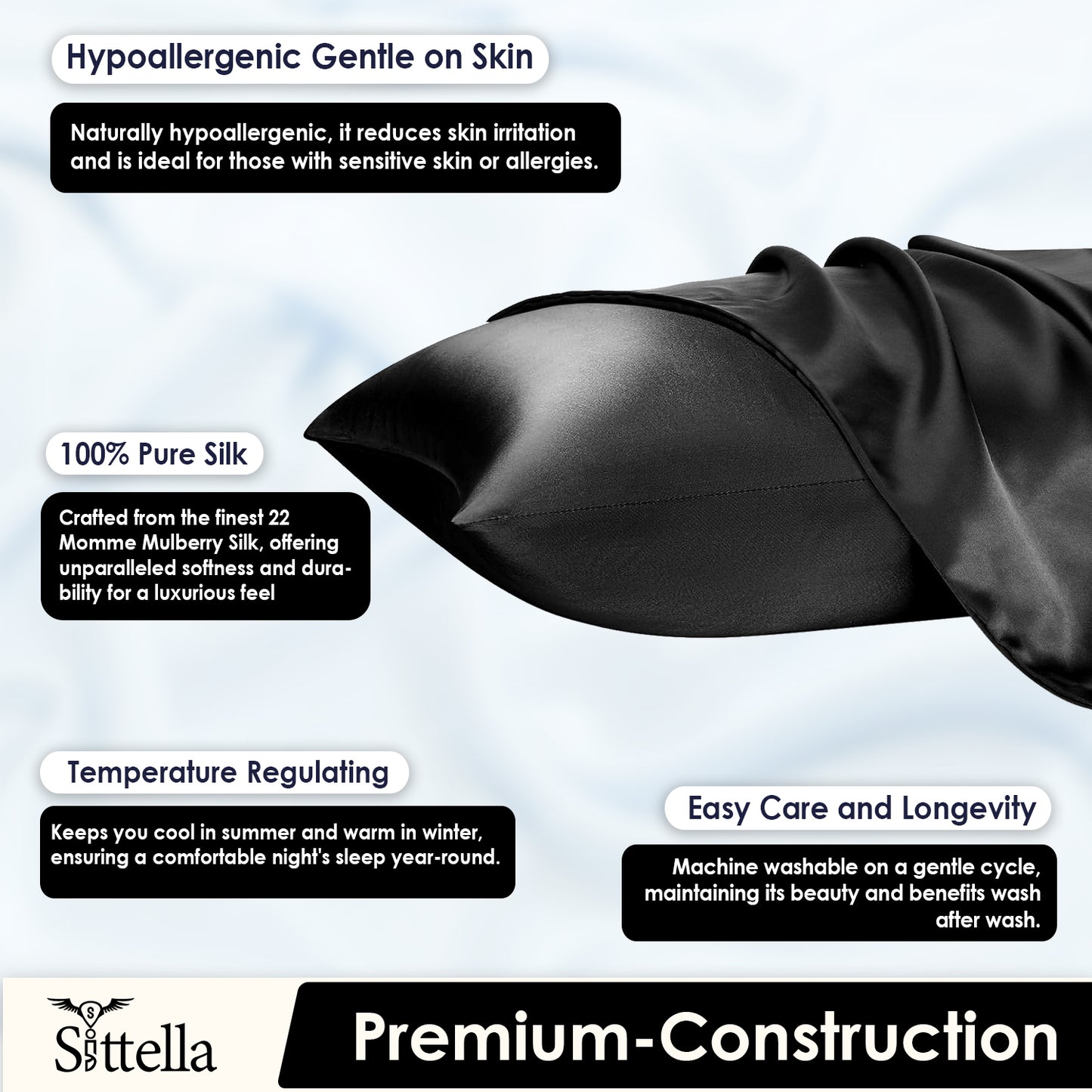 Satin Silk Pillow Covers with 3 Free Scrunchies - Soft & Smooth for Hair & Skin (Black)