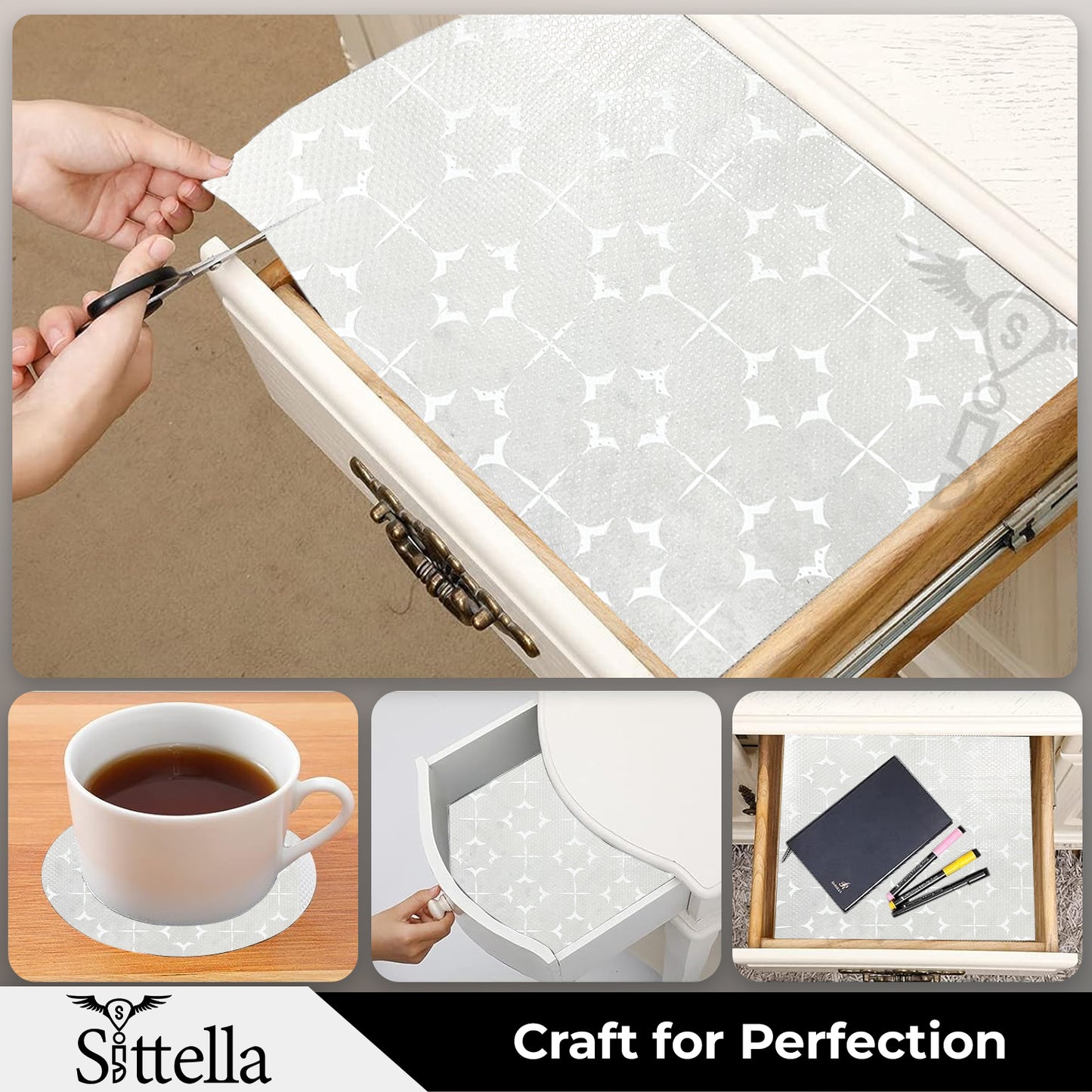 SITTELLA Printed Shelf Liner – Anti-Slip Mat for Kitchen, Drawers & Fridge (White-Star Design)