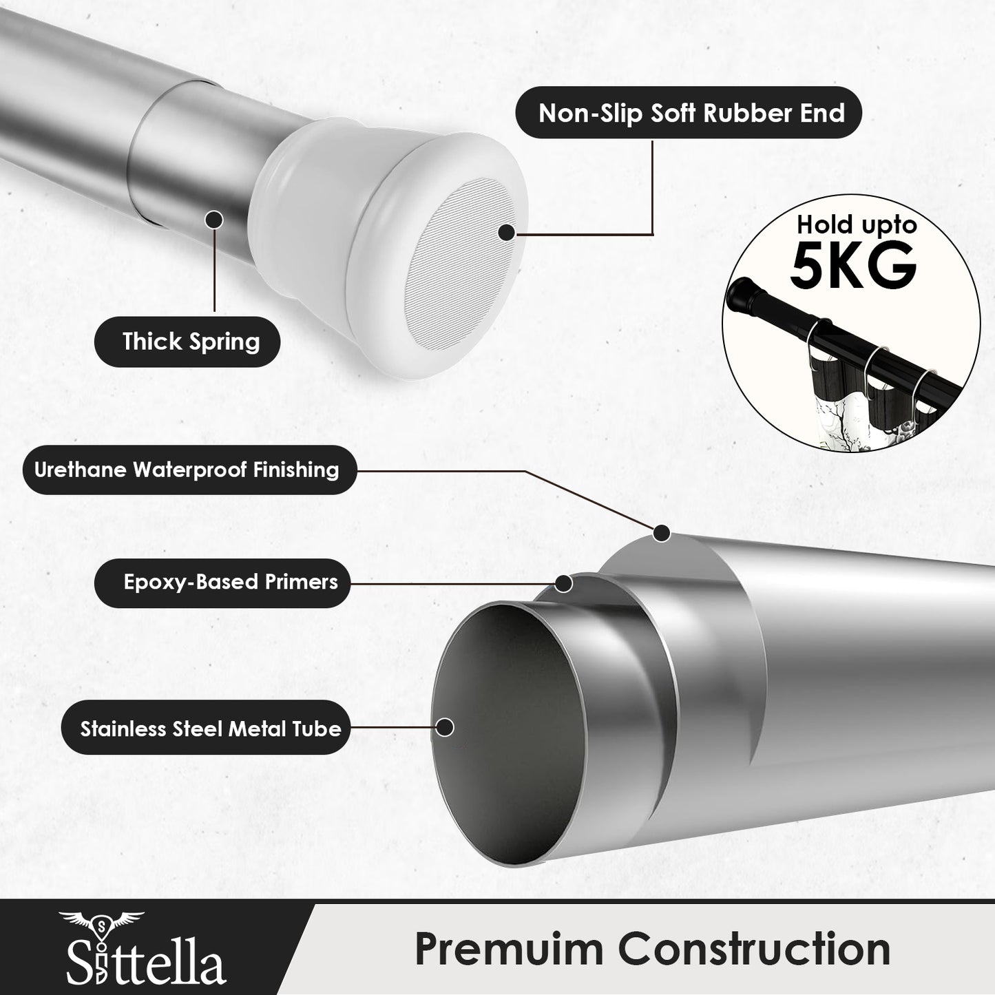 Sittella (85Cm To 140Cm) Extendable Shower Curtain Tension Rod Non-Drilling Anti-Skid Spring Pull Rod -Stainless Steel, White-Silver