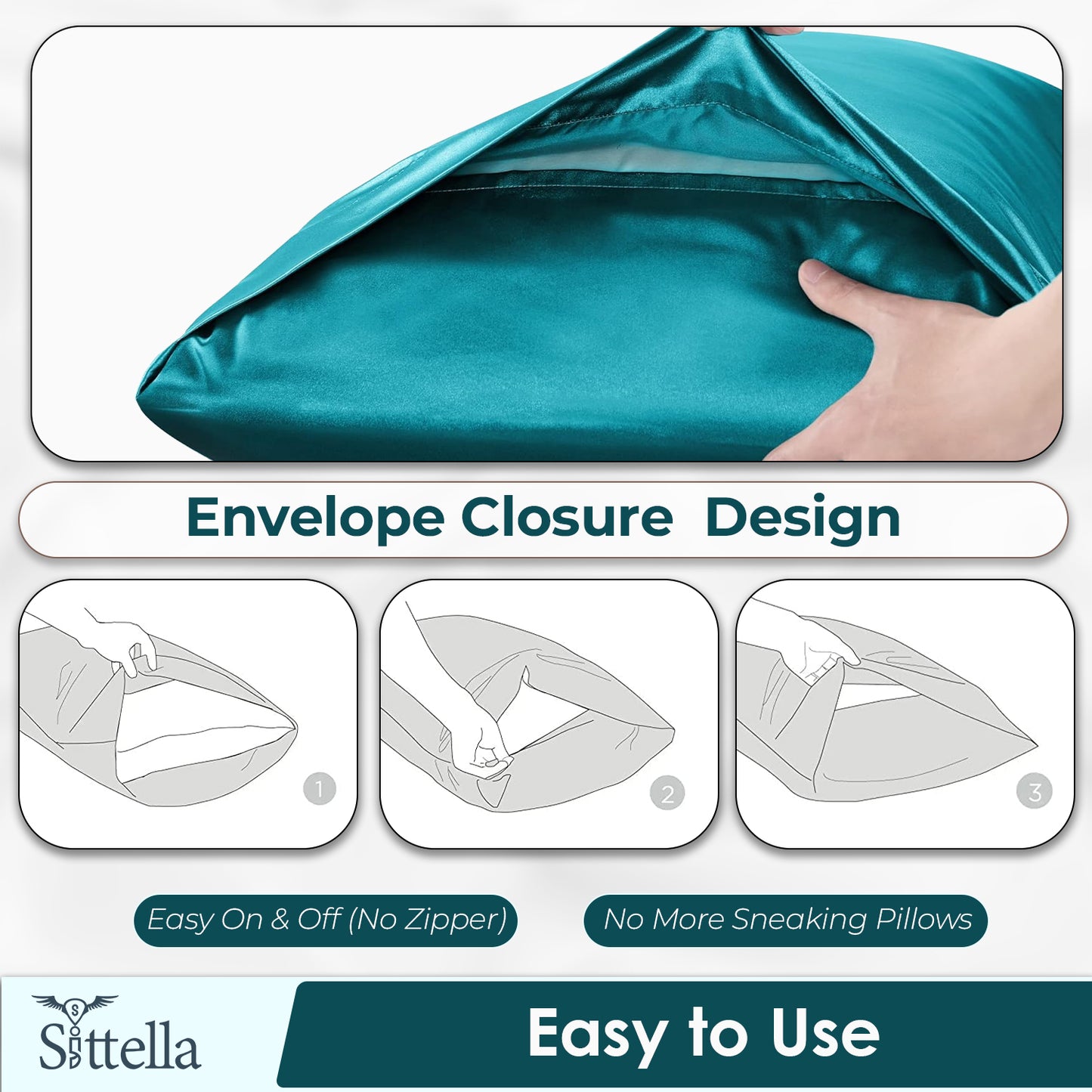 Satin Silk Pillow Covers with 3 Free Scrunchies - Soft & Smooth for Hair & Skin (Teal)