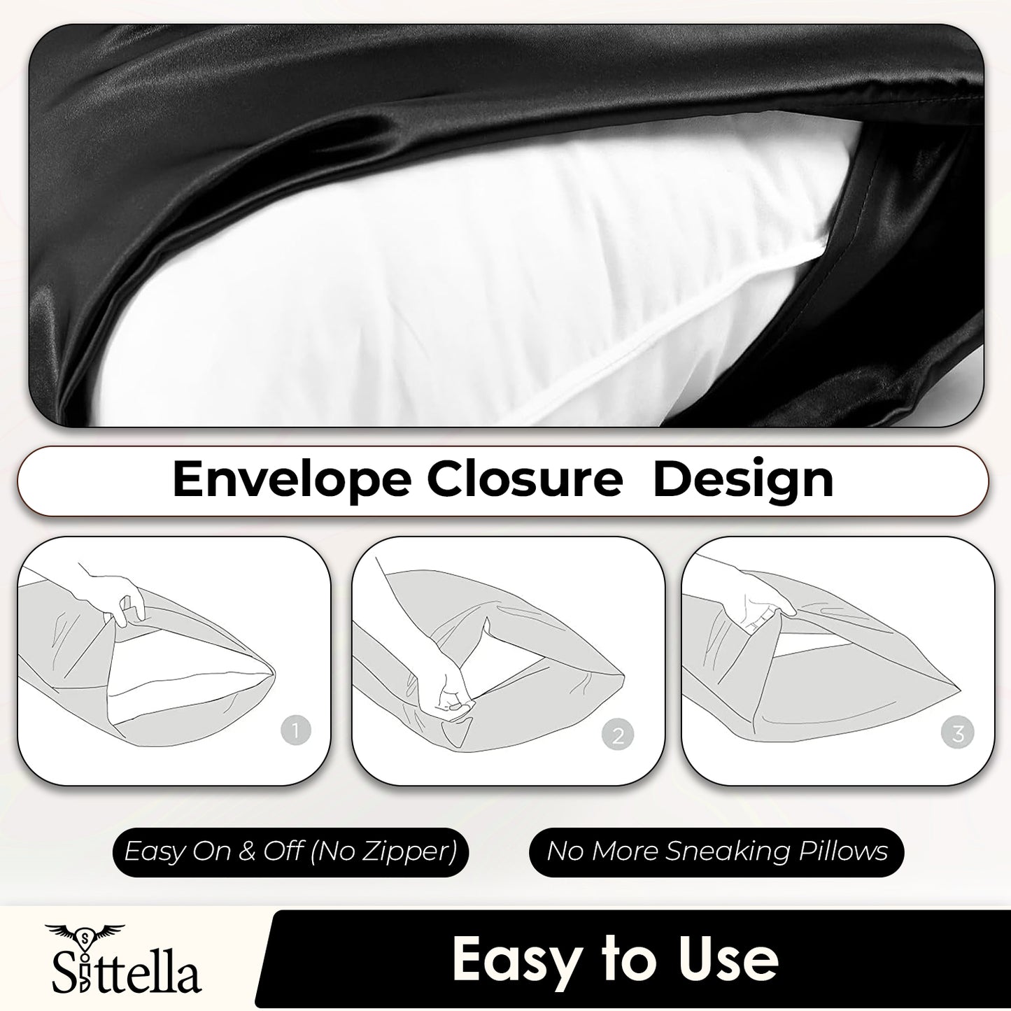 Satin Silk Pillow Covers with 3 Free Scrunchies - Soft & Smooth for Hair & Skin (Black)