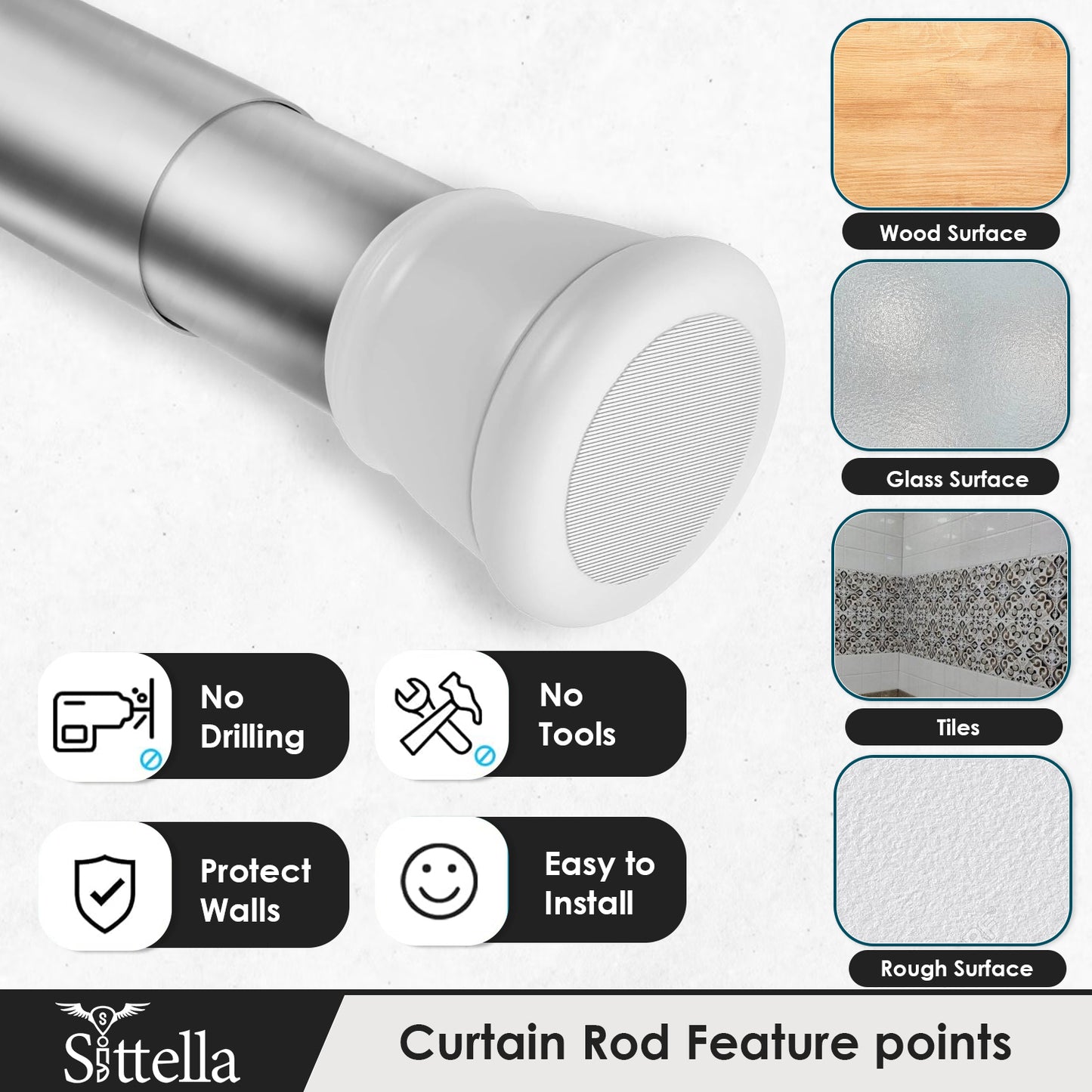 Sittella (85Cm To 140Cm) Extendable Shower Curtain Tension Rod Non-Drilling Anti-Skid Spring Pull Rod -Stainless Steel, White-Silver