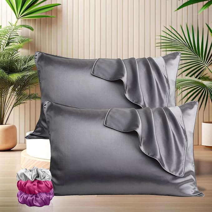 Satin Silk Pillow Covers with 3 Free Scrunchies - Soft & Smooth for Hair & Skin (Black)