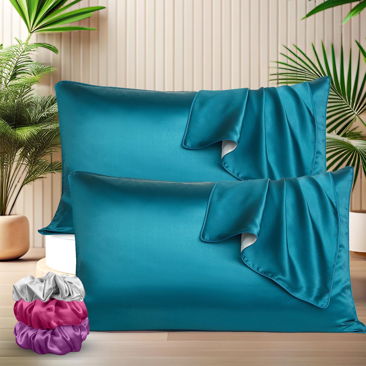 Satin Silk Pillow Covers with 3 Free Scrunchies - Soft & Smooth for Hair & Skin (Teal)