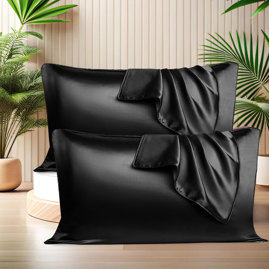 Satin Silk Pillow Covers with 3 Free Scrunchies - Soft & Smooth for Hair & Skin (Black)