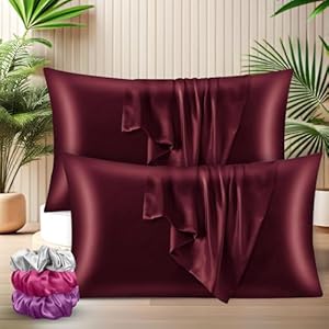 Satin Silk Pillow Covers with 3 Free Scrunchies - Soft & Smooth for Hair & Skin (Maroon)