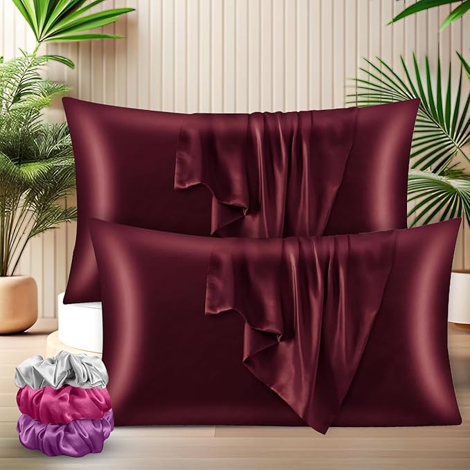 Satin Silk Pillow Covers with 3 Free Scrunchies - Soft & Smooth for Hair & Skin (Brown)