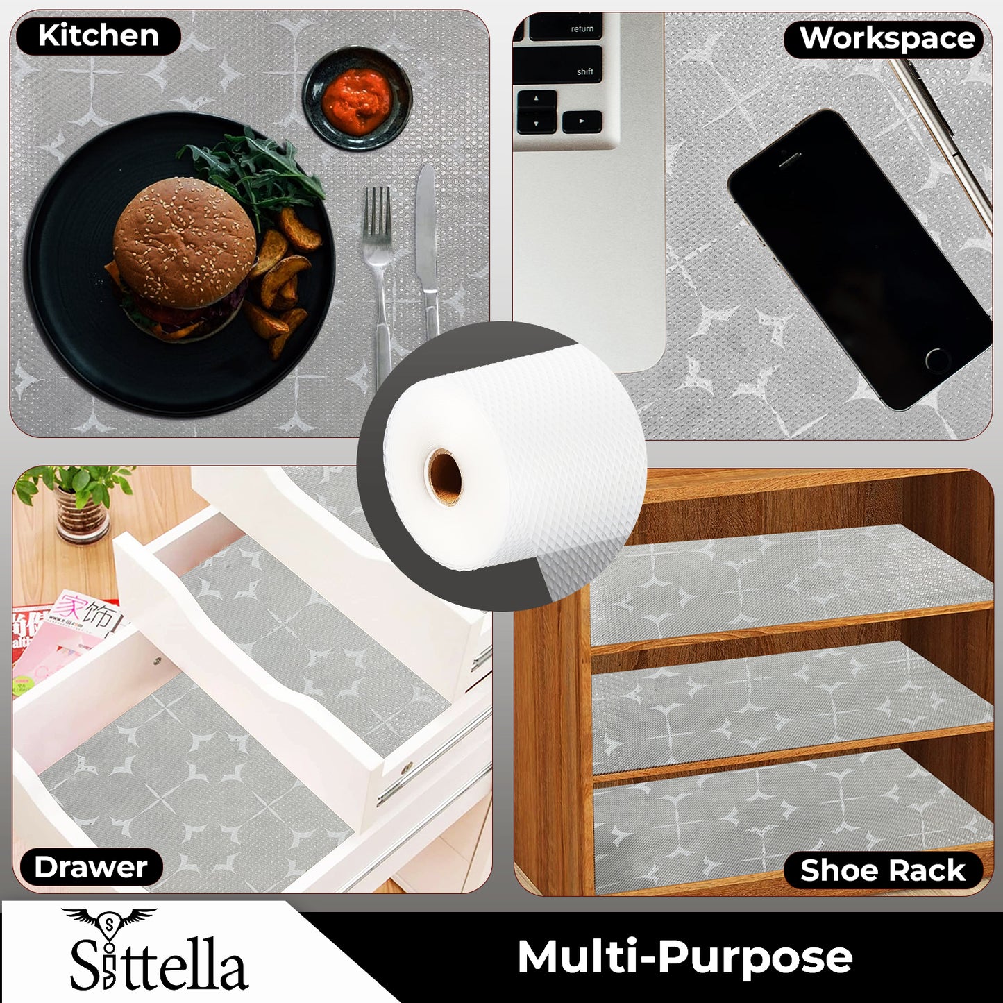 SITTELLA Printed Shelf Liner – Anti-Slip Mat for Kitchen, Drawers & Fridge (White-Star Design)