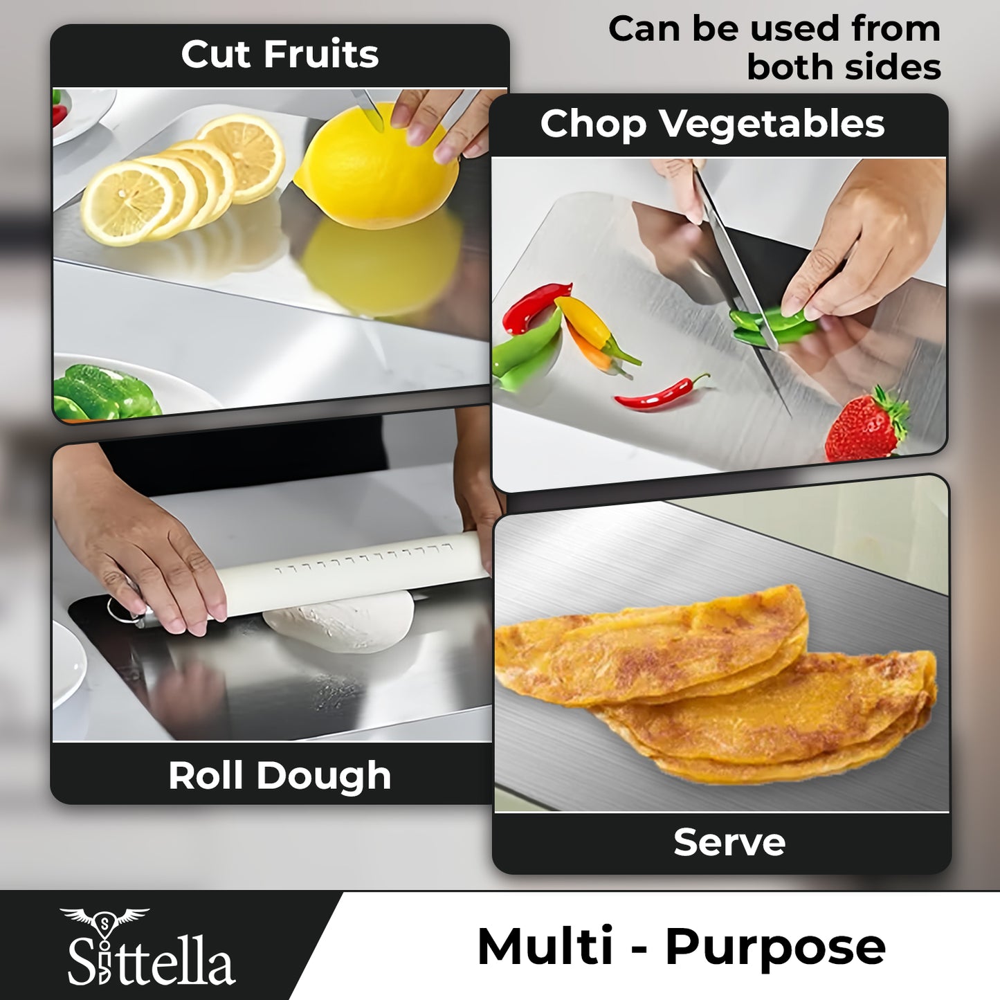 Stainless Steel Chopping Board with Handle | Compact Kitchen Cutting Board for Vegetables, Fruits & Meat | Hygienic, Anti-Slip & Easy to Clean Worktop Platform