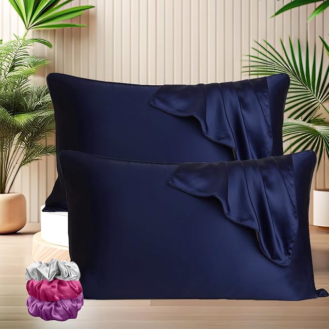 Satin Silk Pillow Covers with 3 Free Scrunchies - Soft & Smooth for Hair & Skin (Black)