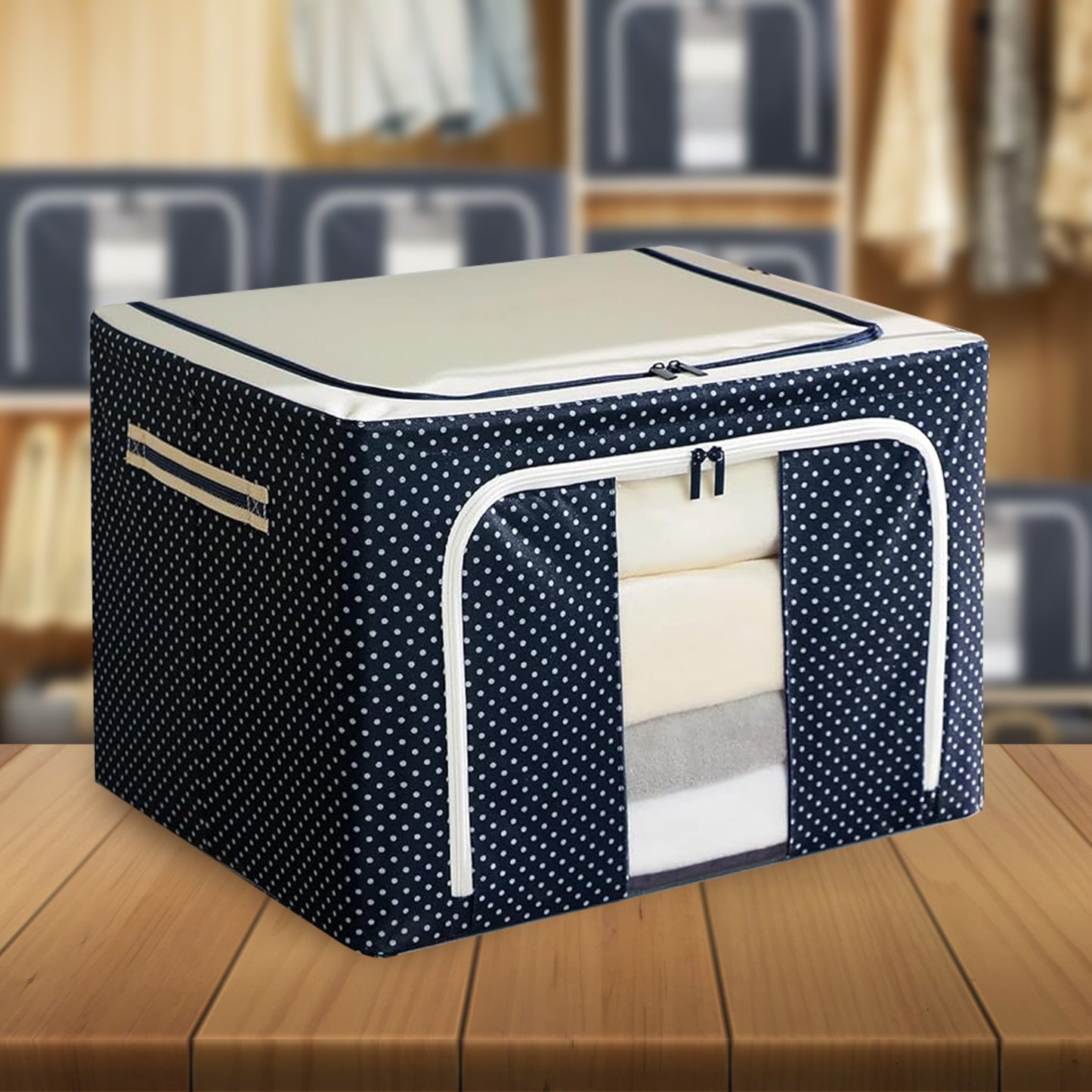 Double-Sided Zipper Storage Box – Foldable Organizer for Clothes & More (Blue)