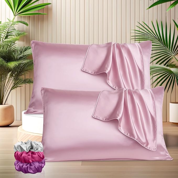 Satin Silk Pillow Covers with 3 Free Scrunchies - Soft & Smooth for Hair & Skin (Brown)