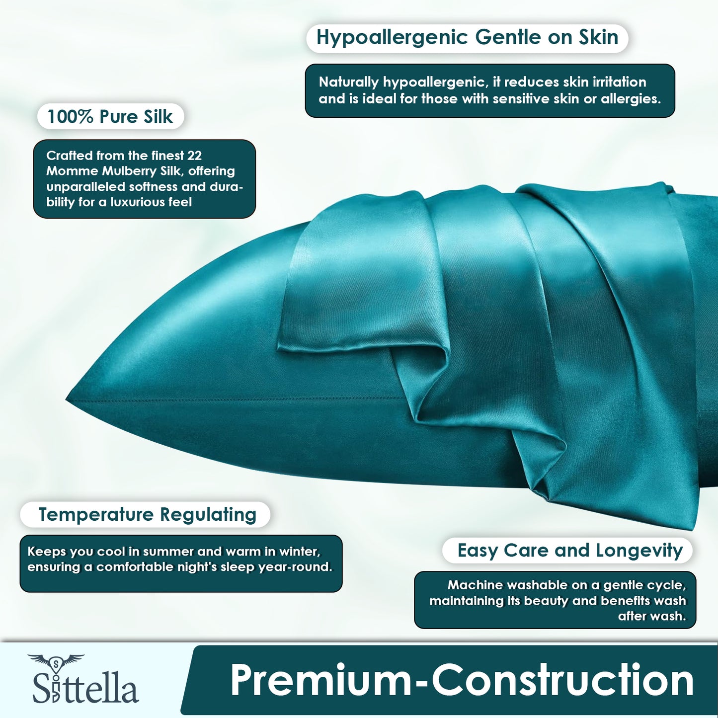 Satin Silk Pillow Covers with 3 Free Scrunchies - Soft & Smooth for Hair & Skin (Teal)