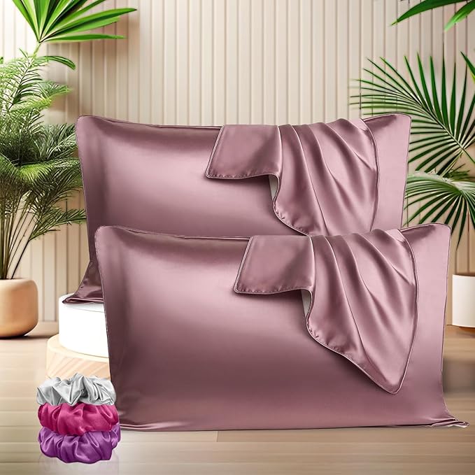 Satin Silk Pillow Covers with 3 Free Scrunchies - Soft & Smooth for Hair & Skin (Black)