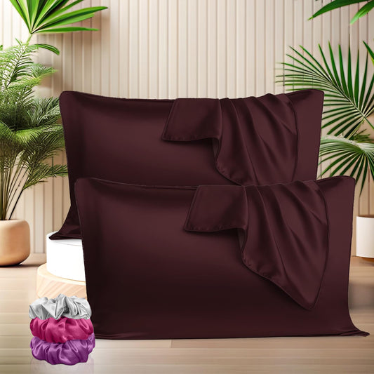 Satin Silk Pillow Covers with 3 Free Scrunchies - Soft & Smooth for Hair & Skin (Brown)