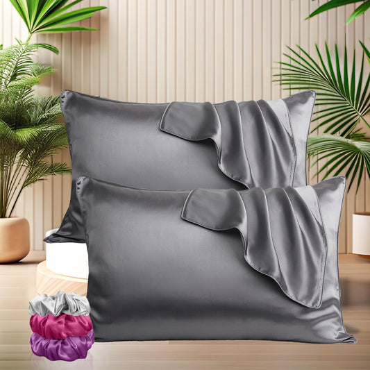 Satin Silk Pillow Covers with 3 Free Scrunchies - Soft & Smooth for Hair & Skin