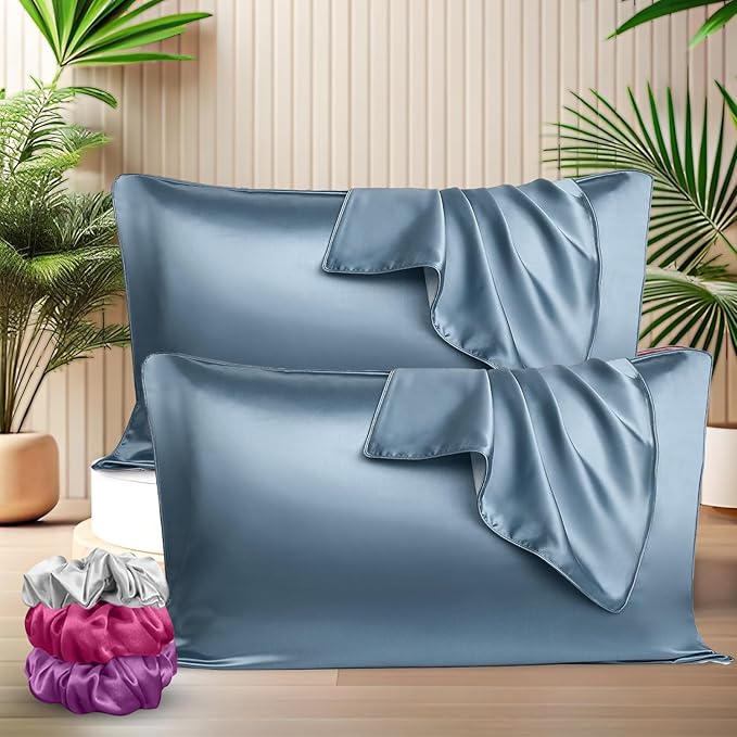 Satin Silk Pillow Covers with 3 Free Scrunchies - Soft & Smooth for Hair & Skin (Black)