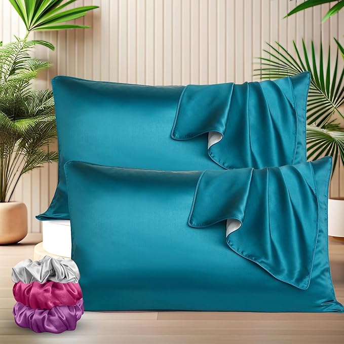 Satin Silk Pillow Covers with 3 Free Scrunchies - Soft & Smooth for Hair & Skin (Black)