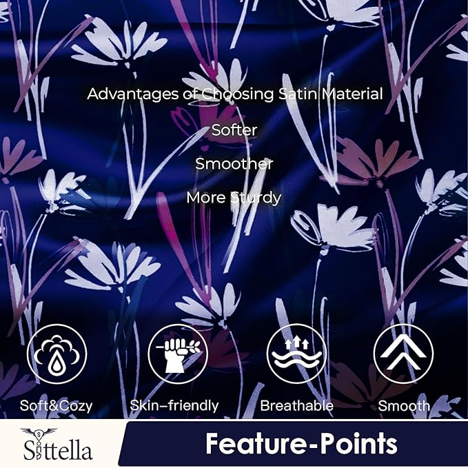 SITTELLA® Floral 600 TC Silk Pillow Covers – Set of 2 with 3 Free Satin Scrunchies – Soft Envelope Closure Pillowcases for Hair & Skin – 72x46 cm (Blue Flower)