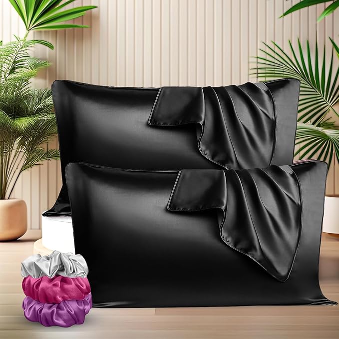 Satin Silk Pillow Covers with 3 Free Scrunchies - Soft & Smooth for Hair & Skin (Black)