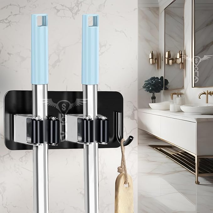 Self Adhesive Stainless Steel 2 Racks with 1 Hook Heavy Duty Wall Mounted Broom and Mop Stick Holder, for Home Kitchen Garden Laundry Garage (Black)