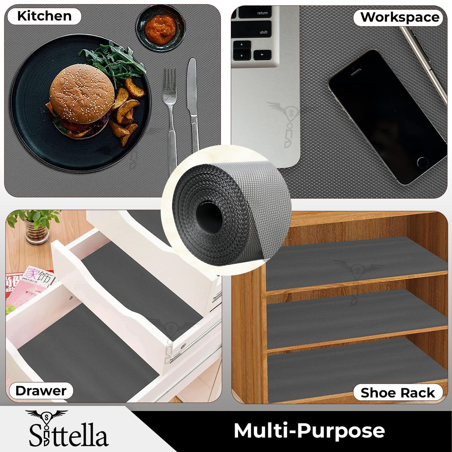 Drawer Mat Multi-Purpose EVA Non-Slip Waterproof Kitchen & Bathroom Shelf Liner (Grey)