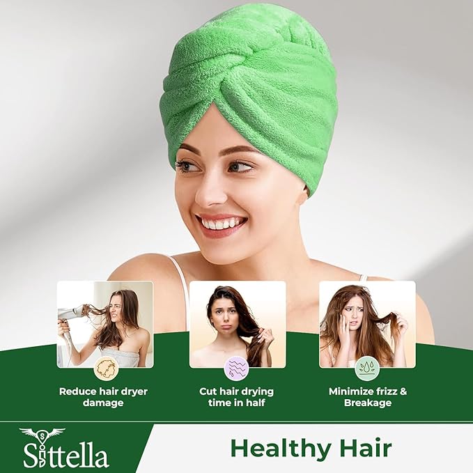 Hair Towel Wrap for Women – Quick-Dry Microfiber, Super Absorbent with Elastic Loop (Green)
