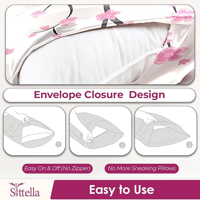 SITTELLA® Floral 600 TC Silk Pillow Covers – Set of 2 with 3 Free Satin Scrunchies – Soft Envelope Closure Pillowcases for Hair & Skin – 72x46 cm (White-Flower)