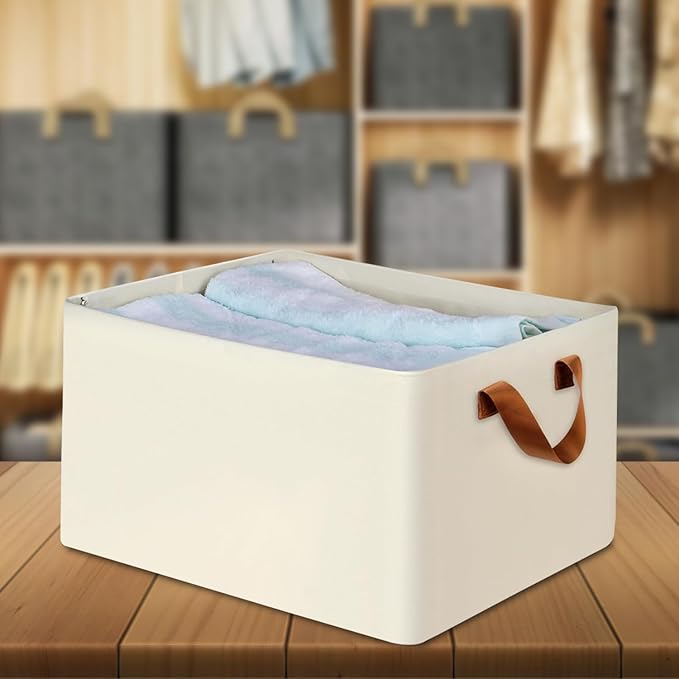 Foldable Wardrobe Organizer with Durable Handle, Stuff Storage Box Closet Drawer Organizers for Clothes, Toys, Books, Blanket etc. (White)