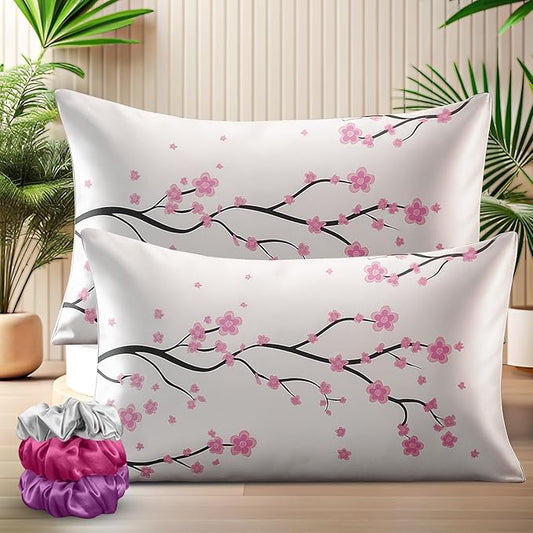 SITTELLA® Floral 600 TC Silk Pillow Covers – Set of 2 with 3 Free Satin Scrunchies – Soft Envelope Closure Pillowcases for Hair & Skin – 72x46 cm (White-Flower)