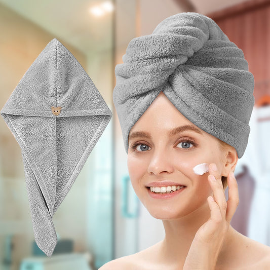 Hair Towel Wrap for Women – Quick-Dry Microfiber, Super Absorbent with Elastic Loop (Grey)