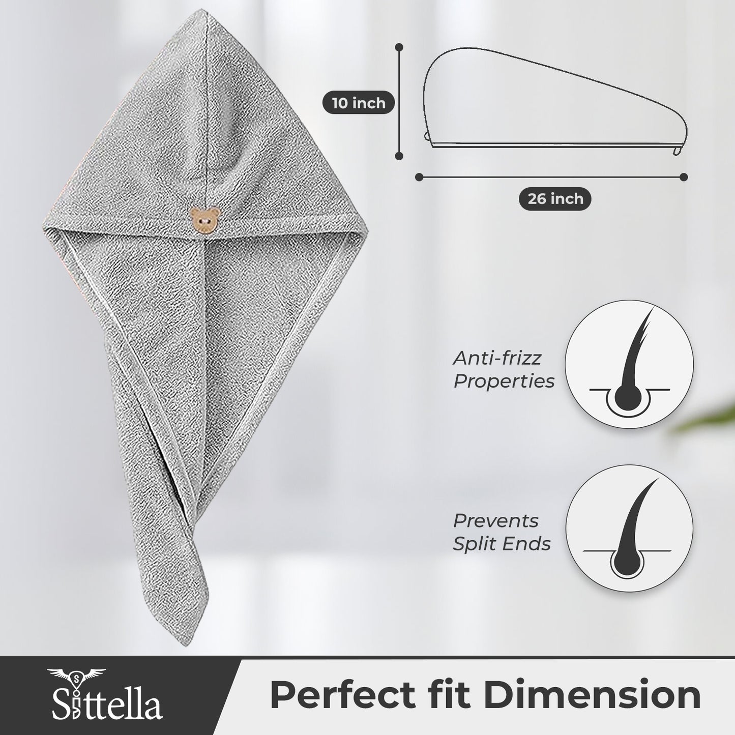 Hair Towel Wrap for Women – Quick-Dry Microfiber, Super Absorbent with Elastic Loop (Grey)