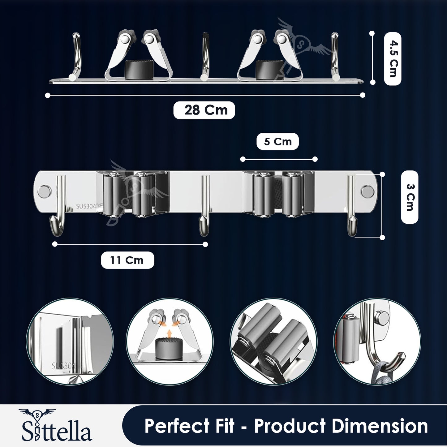 Stainless Steel 2 Racks with 3 Hooks Wall Mounted Broom and Mop Stick Holder, Hanging Tools for Home Kitchen Garden Laundry Garage (Silver)