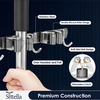 Stainless Steel 2 Racks with 3 Hooks Wall Mounted Broom and Mop Stick Holder, Hanging Tools for Home Kitchen Garden Laundry Garage (Silver)