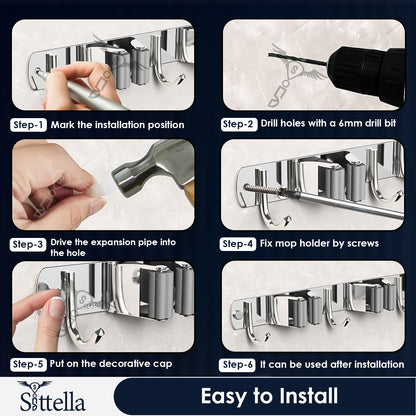 Stainless Steel 2 Racks with 3 Hooks Wall Mounted Broom and Mop Stick Holder, Hanging Tools for Home Kitchen Garden Laundry Garage (Silver)