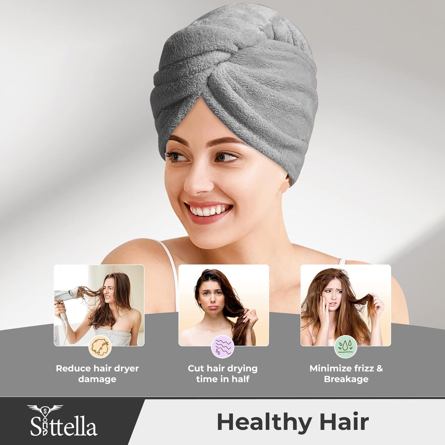 Hair Towel Wrap for Women – Quick-Dry Microfiber, Super Absorbent with Elastic Loop (Grey)