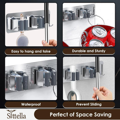 Self Adhesive Stainless Steel 2 Racks with 1 Hook Heavy Duty Wall Mounted Broom and Mop Stick Holder, for Home Kitchen Garden Laundry Garage (Silver)