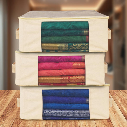 SITTELLA®  Cotton Canvas Saree Covers with Zip | 17 x 14 x 7 Inch Clothes Storage Bags for Sarees, Dresses & Lehengas | Wardrobe Organizer (Beige)