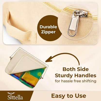 SITTELLA®  Cotton Canvas Saree Covers with Zip | 17 x 14 x 7 Inch Clothes Storage Bags for Sarees, Dresses & Lehengas | Wardrobe Organizer (Beige)