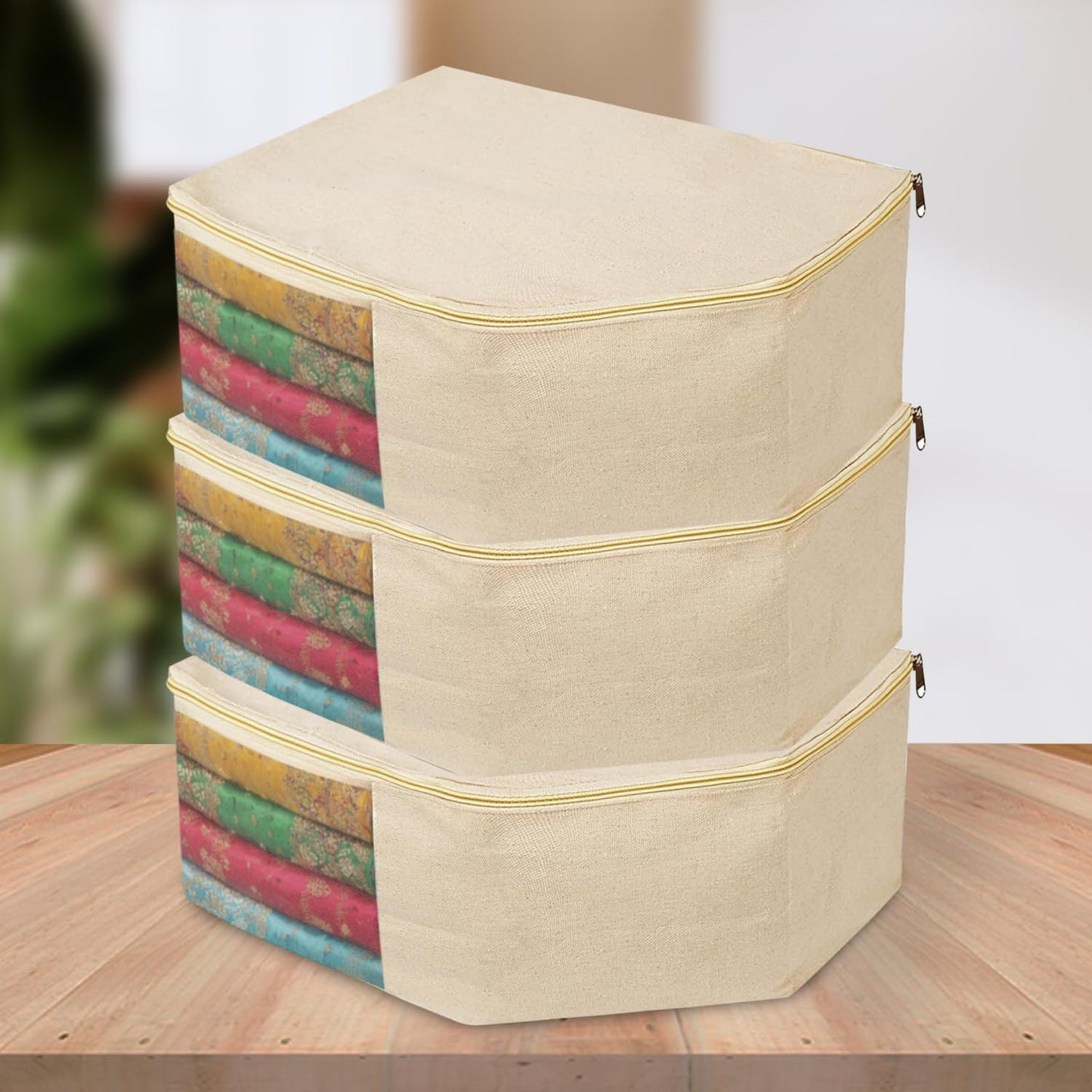 SITTELLA® Cotton Canvas Saree & Blouse Covers with Zip | 17 x 14 x 7 Inch Clothes Storage Bags for Sarees, Dresses & Lehengas | Wardrobe Organizer