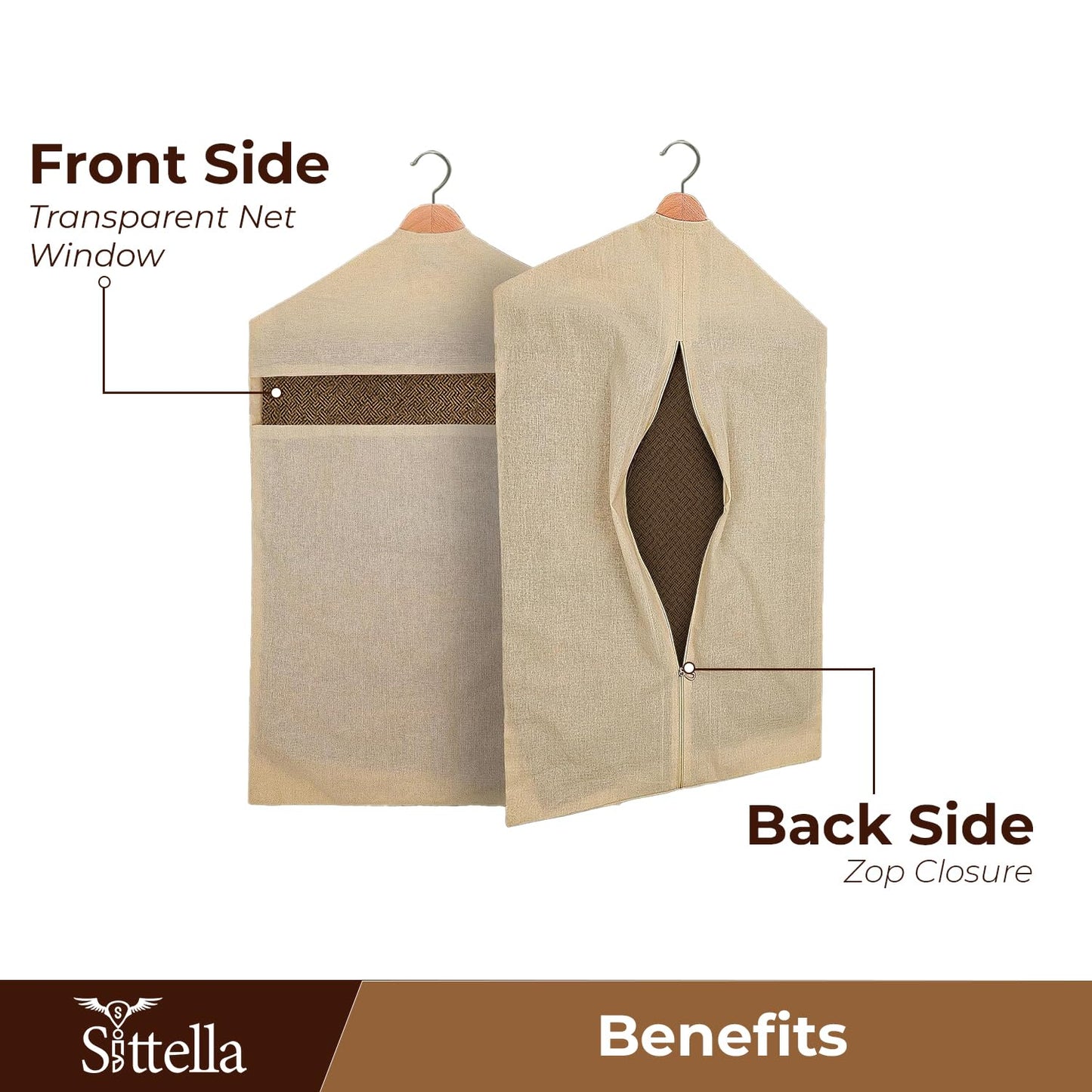 SITTELLA® Hanging Cotton Saree Covers for Storage | 30 x 18 Inches Breathable Saree Cover Bags for Clothes, Wardrobe Organizer | Dust-Proof Double Pocket | Off-White